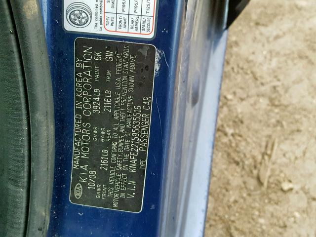 KNAFE221595635516 - 2009 KIA SPECTRA EX BLUE photo 10