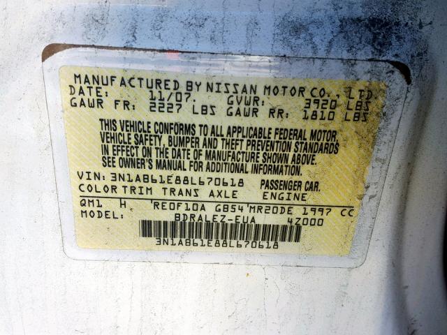 3N1AB61E88L670618 - 2008 NISSAN SENTRA 2.0 WHITE photo 10