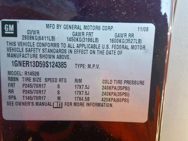 1GNER13D59S124385 - 2009 CHEVROLET TRAVERSE L MAROON photo 10