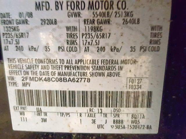 2FMDK48C08BA62778 - 2008 FORD EDGE SEL BLACK photo 10