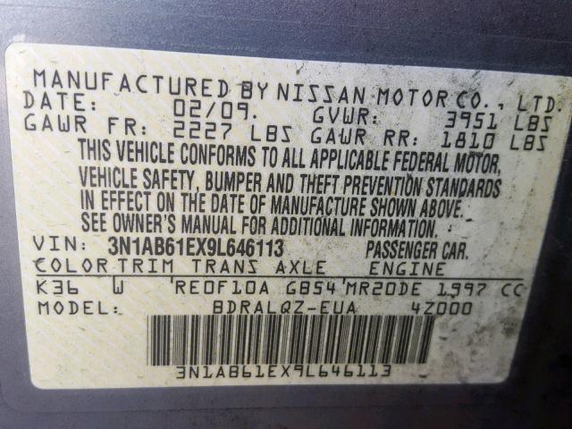 3N1AB61EX9L646113 - 2009 NISSAN SENTRA 2.0 SILVER photo 10