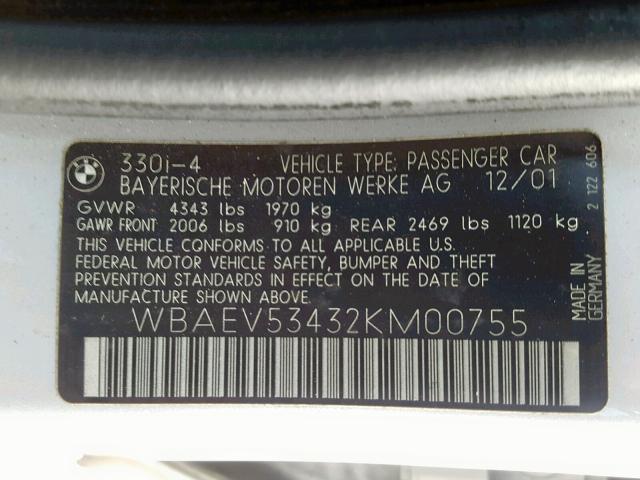 WBAEV53432KM00755 - 2002 BMW 330 I SILVER photo 10