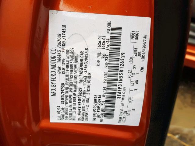 3FAFP31N55R126529 - 2005 FORD FOCUS ZX3 ORANGE photo 10