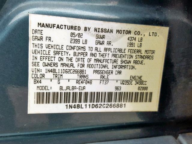 1N4BL11D62C266881 - 2002 NISSAN ALTIMA SE BLUE photo 10