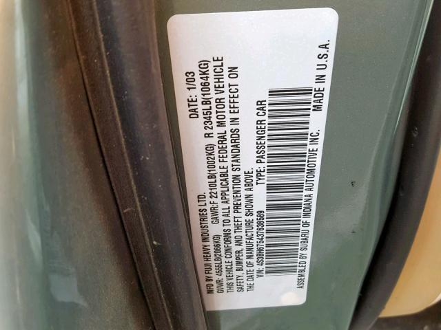 4S3BH675437638589 - 2003 SUBARU LEGACY OUT GREEN photo 10