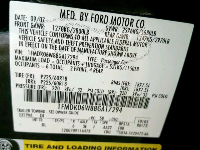 1FMDK06W88GA17294 - 2008 FORD TAURUS X L BLUE photo 10