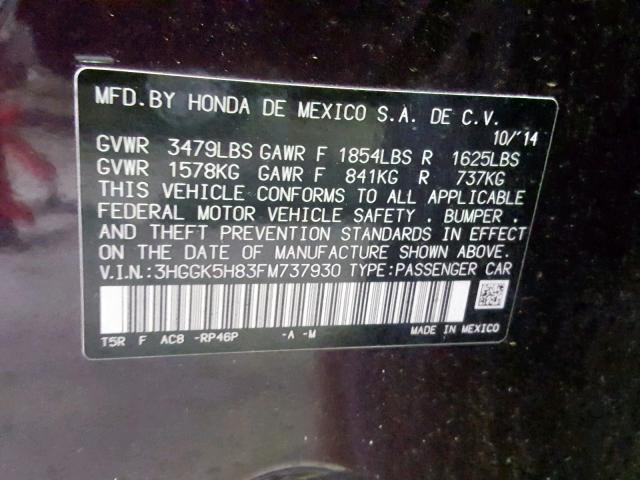 3HGGK5H83FM737930 - 2015 HONDA FIT EX PURPLE photo 10