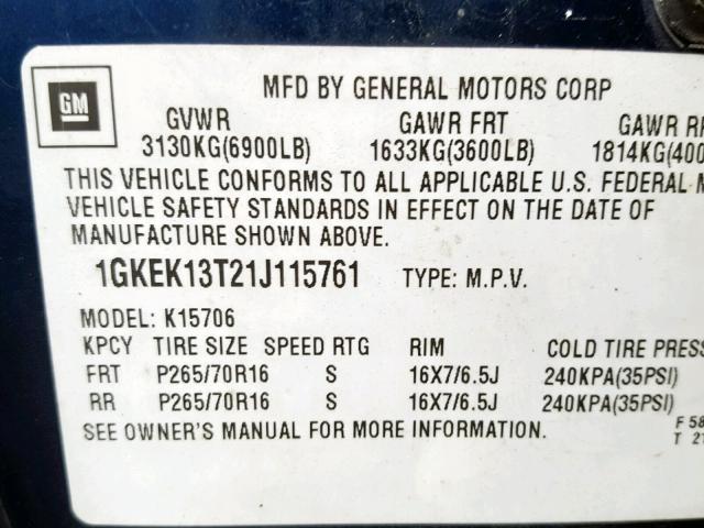 1GKEK13T21J115761 - 2001 GMC YUKON BLUE photo 10