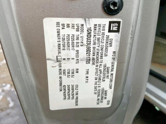 1GNDU23L66D211705 - 2006 CHEVROLET UPLANDER L Gümüş foto 10