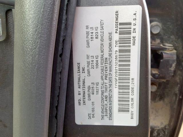 1YVGF22D215238679 - 2001 MAZDA 626 ES GRAY photo 10