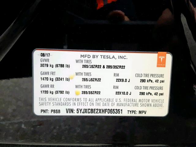 5YJXCBE2XHF065351 - 2017 TESLA MODEL X BLACK photo 10