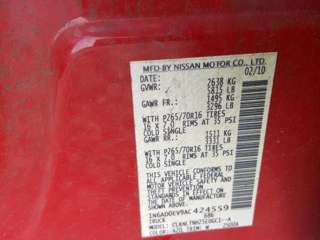 1N6AD0EV9AC424559 - 2010 NISSAN FRONTIER C RED photo 10