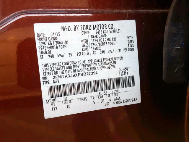 2FMTK3J9XFBB27394 - 2015 FORD EDGE SEL BROWN photo 10