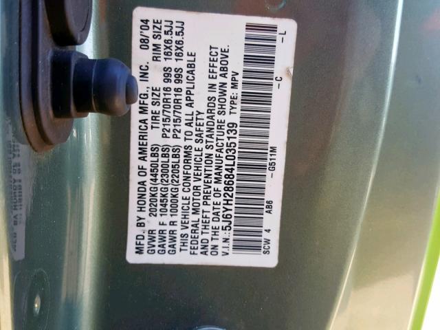 5J6YH28684L035139 - 2004 HONDA ELEMENT EX GREEN photo 10