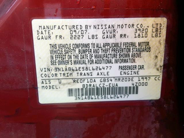 3N1AB61E58L626477 - 2008 NISSAN SENTRA 2.0 RED photo 10