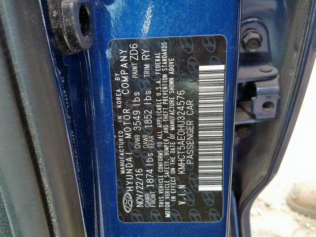 KMHCT5AE0HU324576 - 2017 HYUNDAI ACCENT SE BLUE photo 10