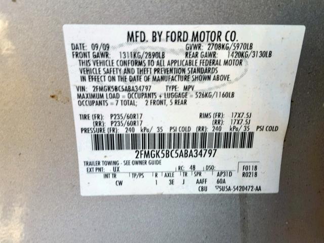 2FMGK5BC5ABA34797 - 2010 FORD FLEX SE SILVER photo 10