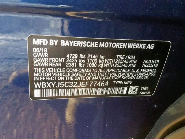WBXYJ5C32JEF77464 - 2018 BMW X2 XDRIVE2 BLUE photo 10