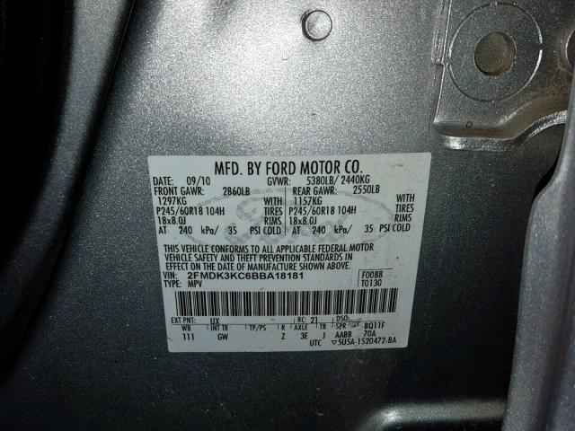 2FMDK3KC6BBA18181 - 2011 FORD EDGE LIMIT SILVER photo 10