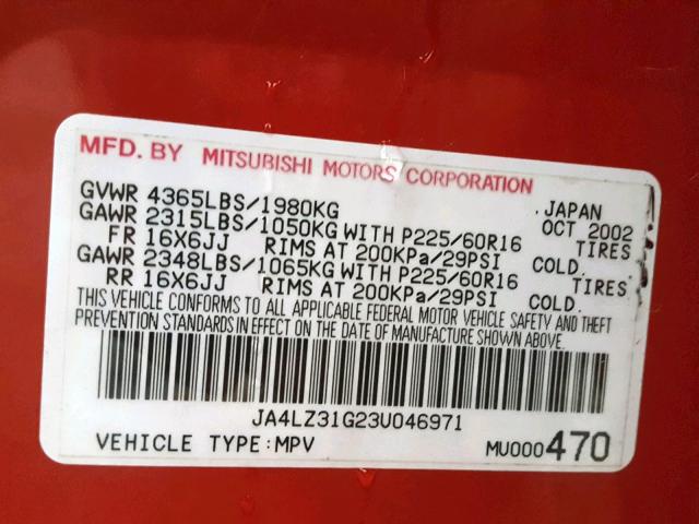 JA4LZ31G23U046971 - 2003 MITSUBISHI OUTLANDER RED photo 10