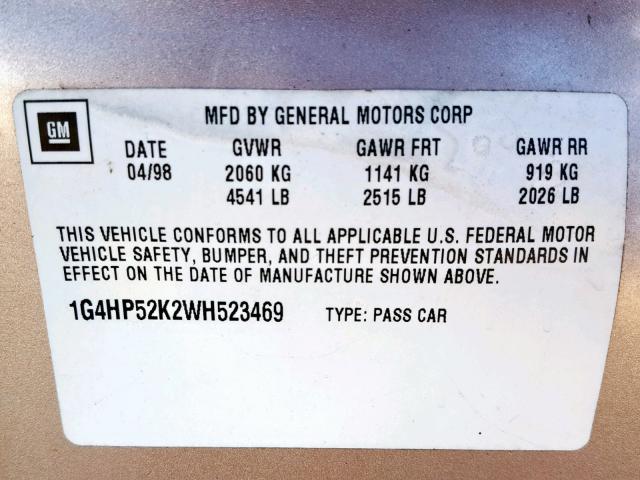 1G4HP52K2WH523469 - 1998 BUICK LESABRE CU TAN photo 10