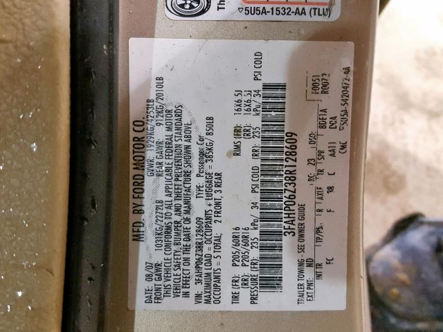 3FAHP06Z38R128609 - 2008 FORD FUSION S BEIGE photo 10