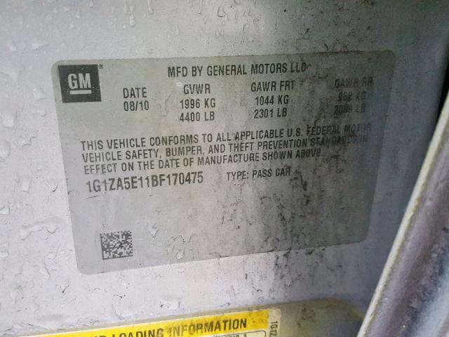 1G1ZA5E11BF170475 - 2011 CHEVROLET MALIBU LS 银色 照片 10