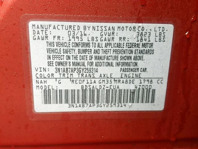 3N1AB7AP3GY259314 - 2016 NISSAN SENTRA S RED photo 10