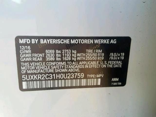 5UXKR2C31H0U23759 - 2017 BMW X5 SDRIVE3 WHITE photo 10