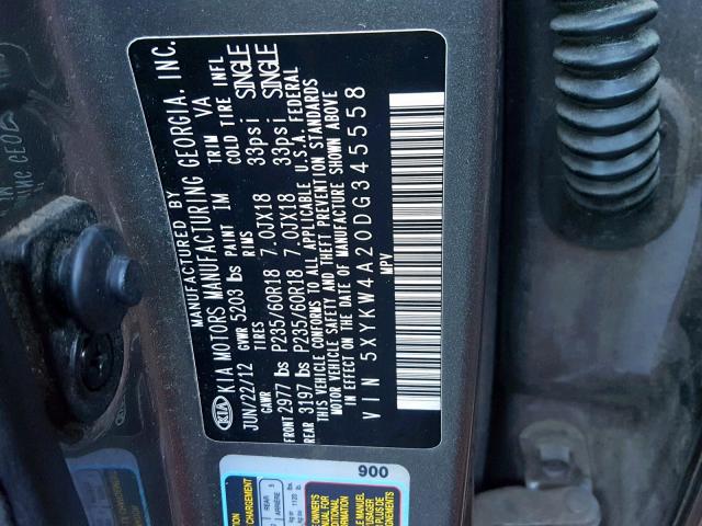 5XYKW4A20DG345558 - 2013 KIA SORENTO SX GRAY photo 10