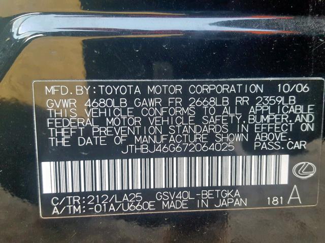 JTHBJ46G672064025 - 2007 LEXUS ES 350 BLACK photo 10