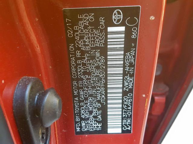 JTDKARFP6H3012789 - 2017 TOYOTA PRIUS PRIM წითელი ფოტო 10