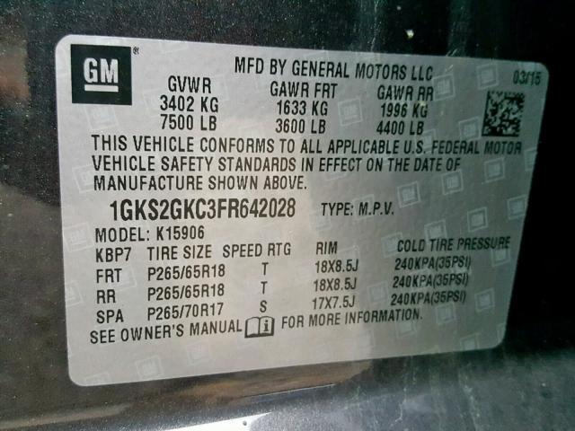 1GKS2GKC3FR642028 - 2015 GMC YUKON XL K BLACK photo 10