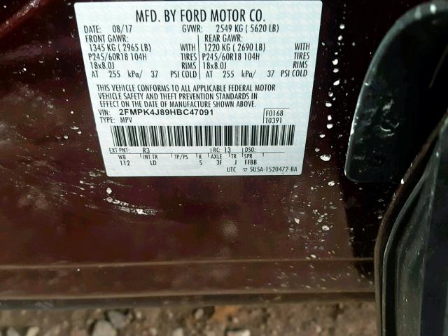 2FMPK4J89HBC47091 - 2017 FORD EDGE SEL BURGUNDY photo 10