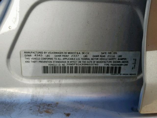 3VWDF81KX6M659740 - 2006 VOLKSWAGEN JETTA 2.5 SILVER photo 10