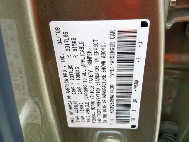 1HGCP26459A144361 - 2009 HONDA ACCORD LXP GOLD photo 10