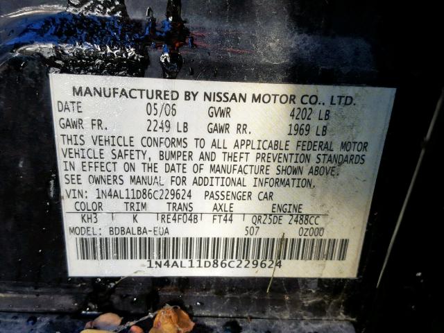 1N4AL11D86C229624 - 2006 NISSAN ALTIMA S BLACK photo 10