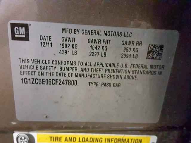 1G1ZC5E06CF247800 - 2012 CHEVROLET MALIBU 1LT GRAY photo 10