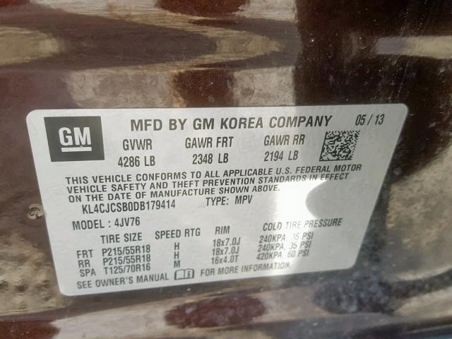 KL4CJCSB0DB179414 - 2013 BUICK ENCORE BROWN photo 10