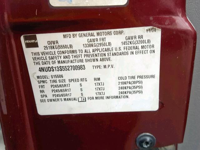 4NUDS13S552700983 - 2005 ISUZU ASCENDER S 勃艮第红 照片 10