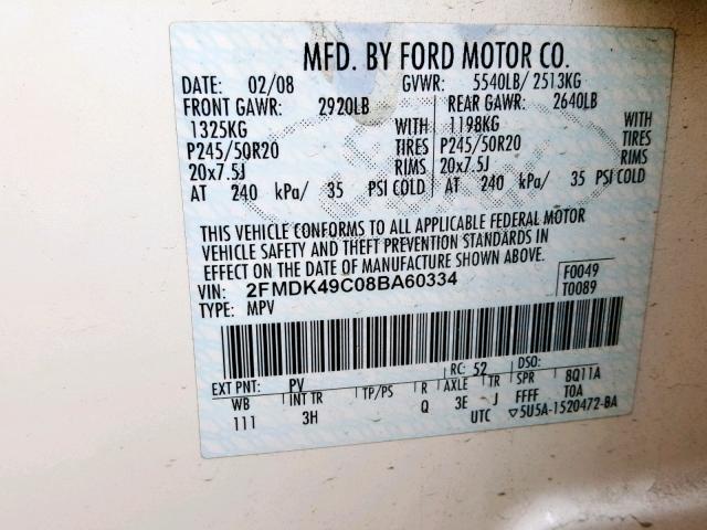 2FMDK49C08BA60334 - 2008 FORD EDGE LIMIT WHITE photo 10