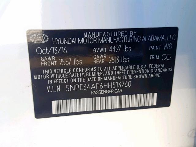 5NPE34AF6HH513260 - 2017 HYUNDAI SONATA SPO WHITE photo 10