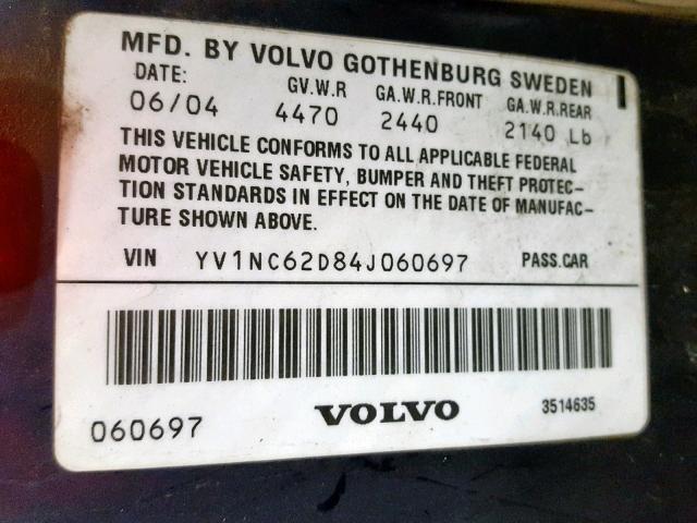 YV1NC62D84J060697 - 2004 VOLVO C70 HPT BLUE photo 10