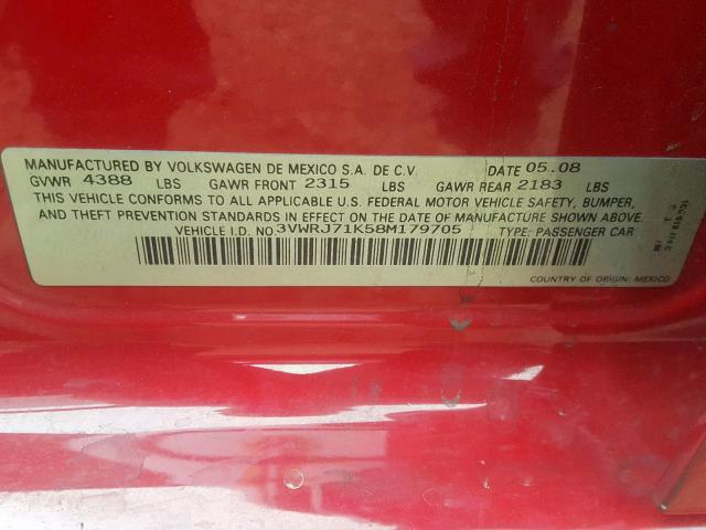 3VWRJ71K58M179705 - 2008 VOLKSWAGEN JETTA WOLF RED photo 10