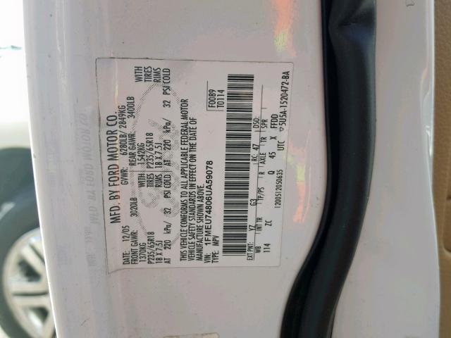 1FMEU74806UA59078 - 2006 FORD EXPLORER E WHITE photo 10