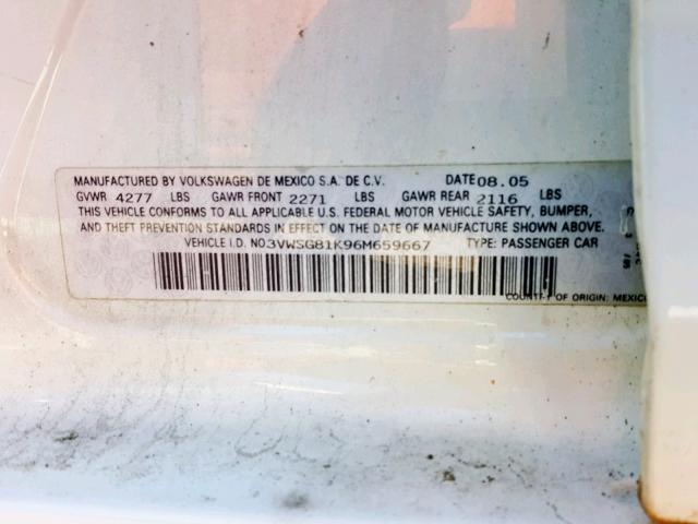 3VWSG81K96M659667 - 2006 VOLKSWAGEN JETTA 2.5 WHITE photo 10