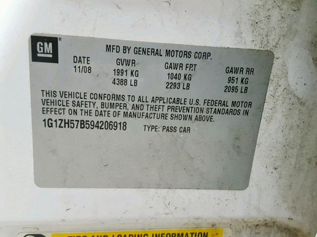 1G1ZH57B594206918 - 2009 CHEVROLET MALIBU 1LT WHITE photo 10