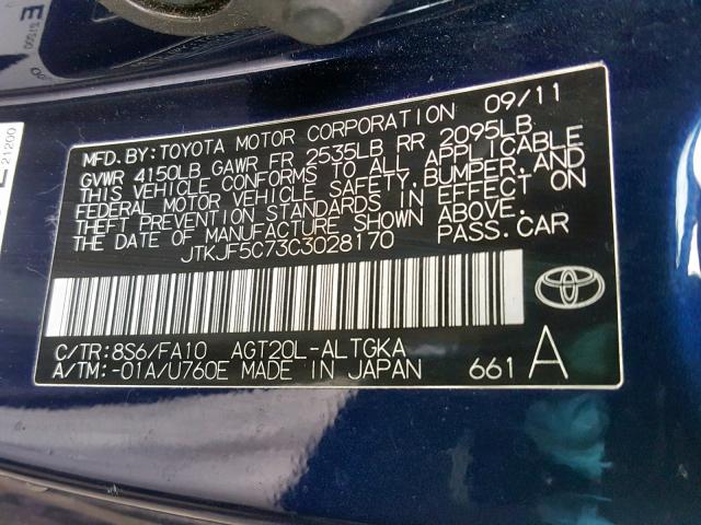 JTKJF5C73C3028170 - 2012 TOYOTA SCION TC BLUE photo 10