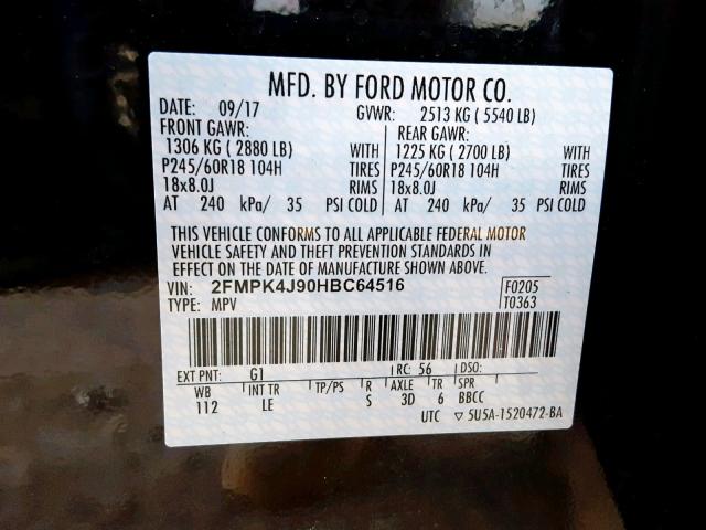 2FMPK4J90HBC64516 - 2017 FORD EDGE SEL BLACK photo 10