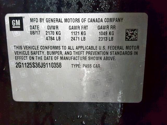 2G1125S36J9110358 - 2018 CHEVROLET IMPALA PRE BLACK photo 10